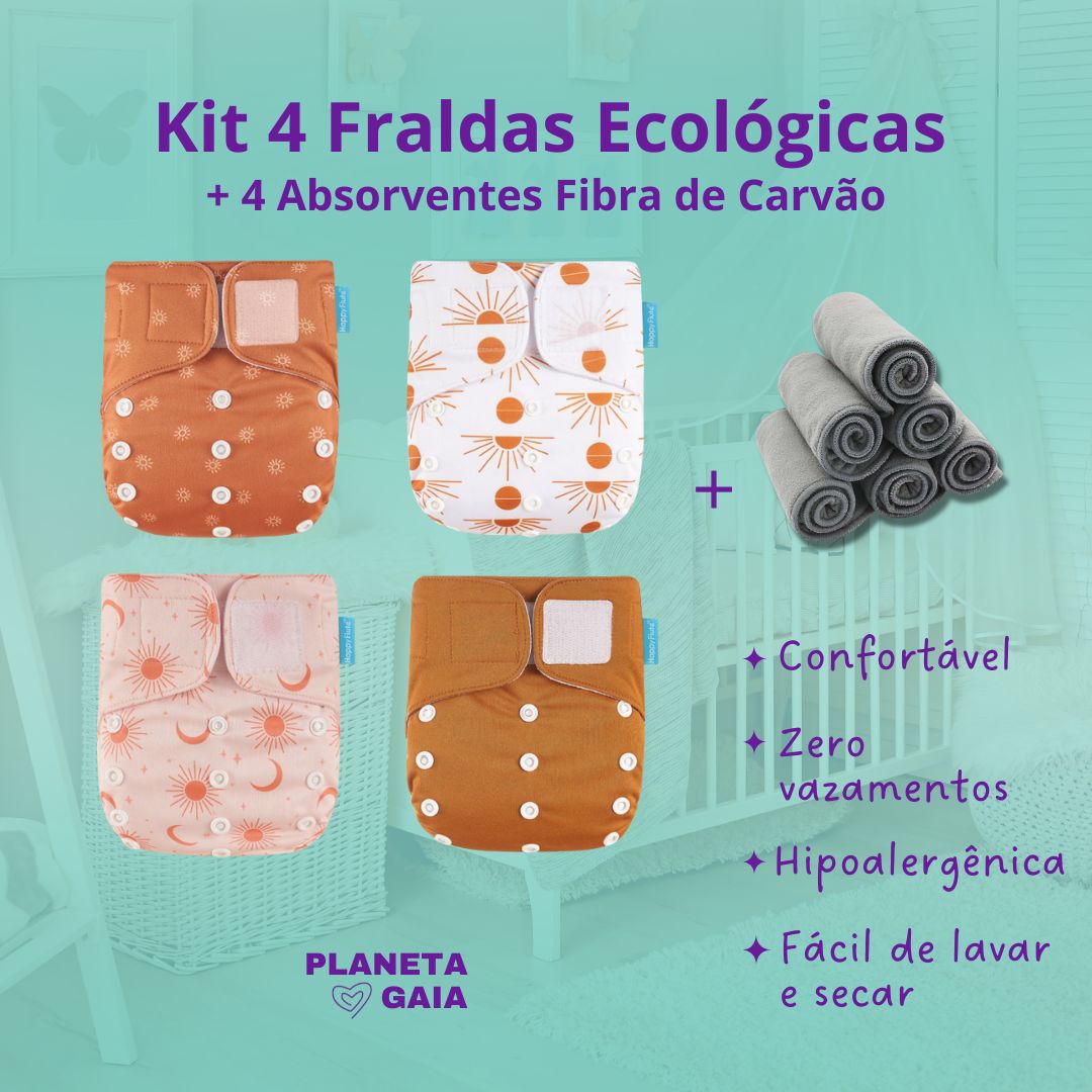 4 Fraldas Ecológicas Happy Flute + 4 Absorventes de Carvão