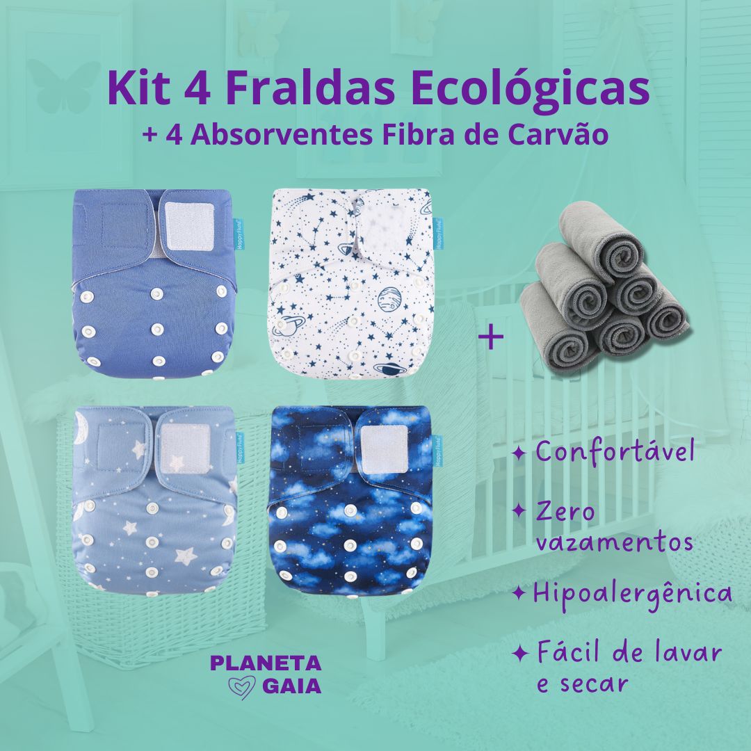 4 Fraldas Ecológicas Happy Flute + 4 Absorventes de Carvão