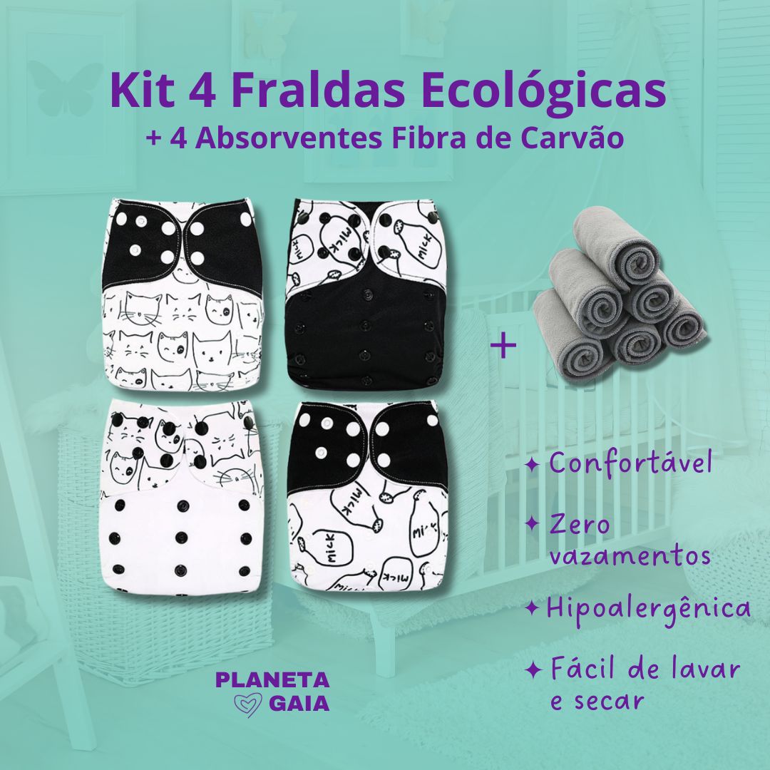 4 Fraldas Ecológicas Happy Flute + 4 Absorventes de Carvão