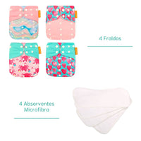 Kit 4 Fraldas Ecológicas + 4 Absorventes Microfibra