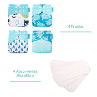Kit 4 Fraldas Ecológicas + 4 Absorventes Microfibra - Planeta Gaia