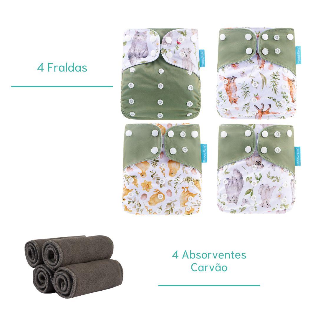 4 Fraldas Ecológicas Happy Flute + 4 Absorventes de Carvão - Planeta Gaia