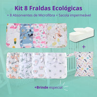 Kit 8 Fraldas Ecológicas Happy Flute + 8 Absorventes de Microfibra + Sacola Impermeável Reutilizável e Lavável