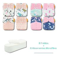 Kit 8 Fraldas Ecológicas Happy Flute + 8 Absorventes de Microfibra