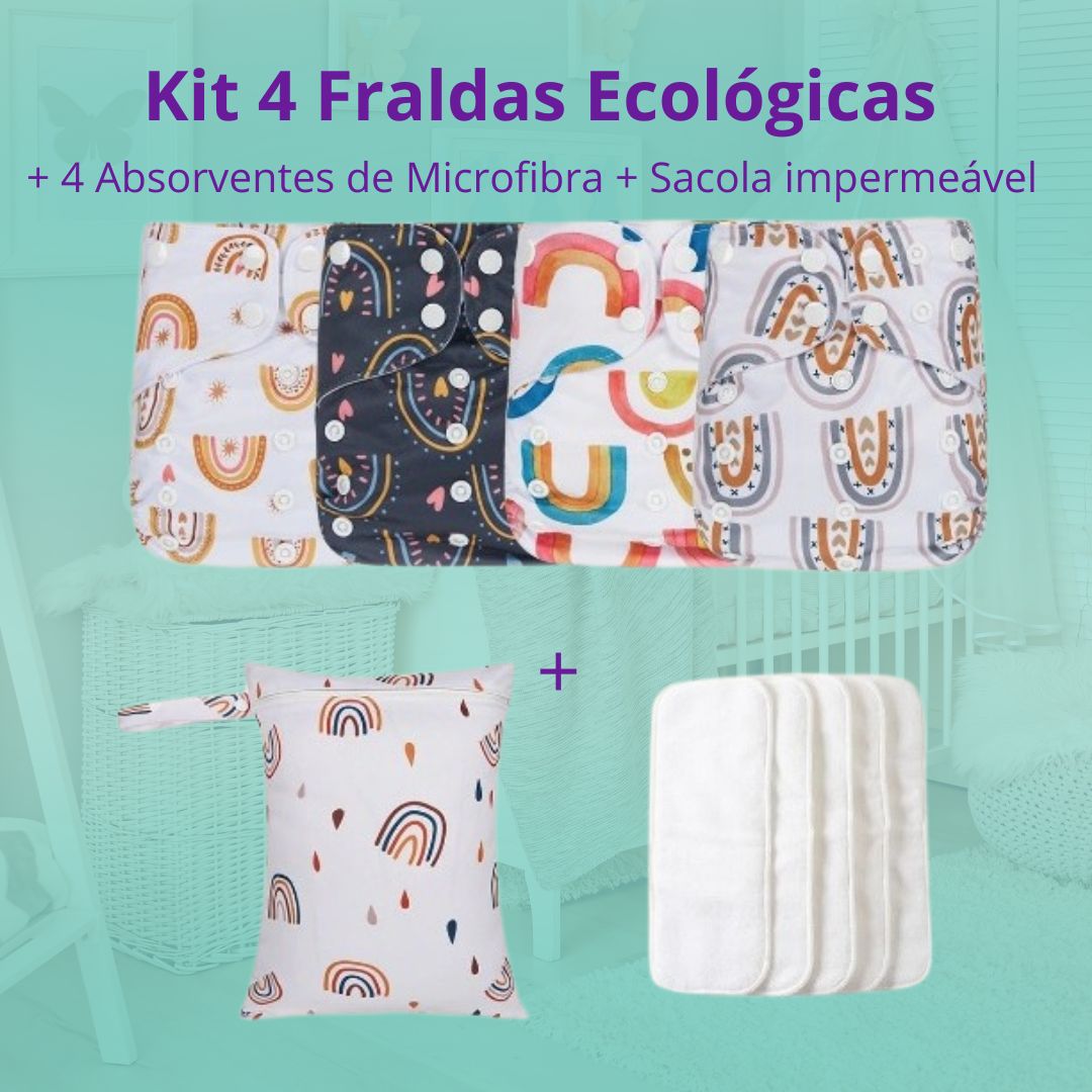 Kit 4 Fraldas Ecológicas + 4 Absorventes de  Microfibra + 1 Sacola Impermeável