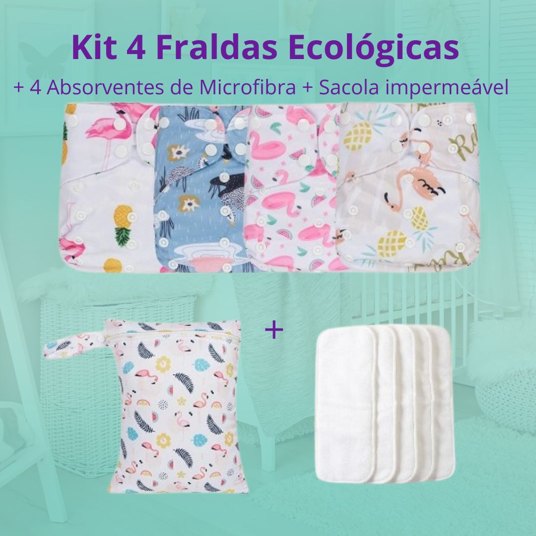 Kit 4 Fraldas Ecológicas + 4 Absorventes de  Microfibra + 1 Sacola Impermeável - Menina