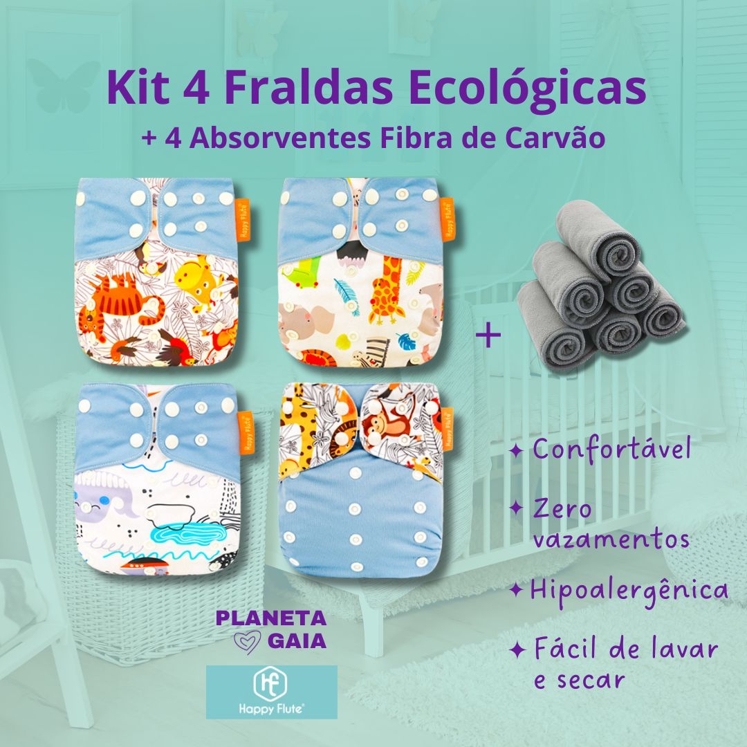 4 Fraldas Ecológicas Happy Flute + 4 Absorventes de Carvão