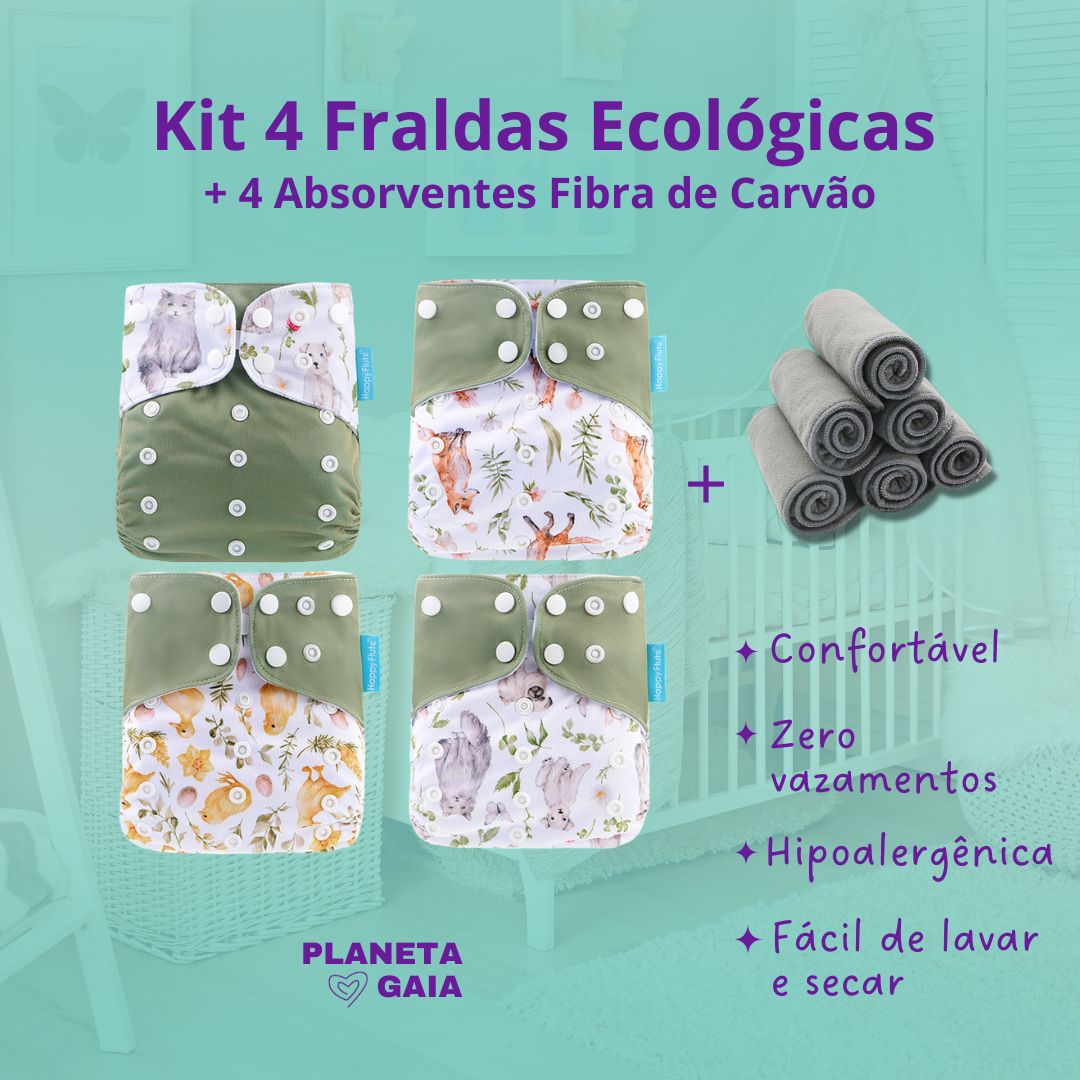 4 Fraldas Ecológicas Happy Flute + 4 Absorventes de Carvão