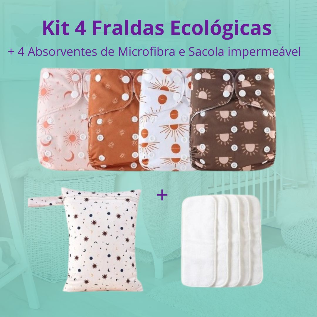 Kit 4 Fraldas Ecológicas + 4 Absorventes de  Microfibra + 1 Sacola Impermeável