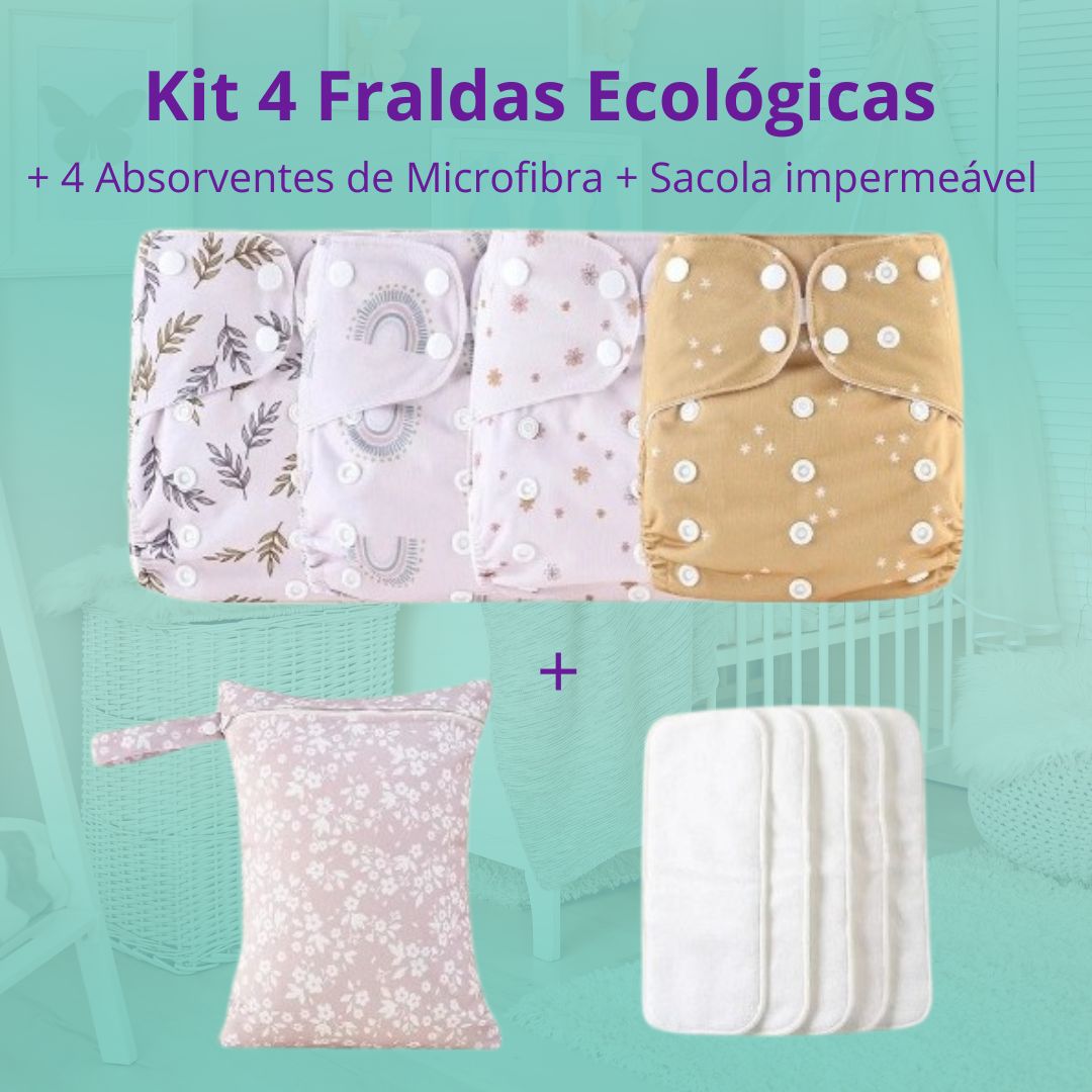 Kit 4 Fraldas Ecológicas + 4 Absorventes de  Microfibra + 1 Sacola impermeável