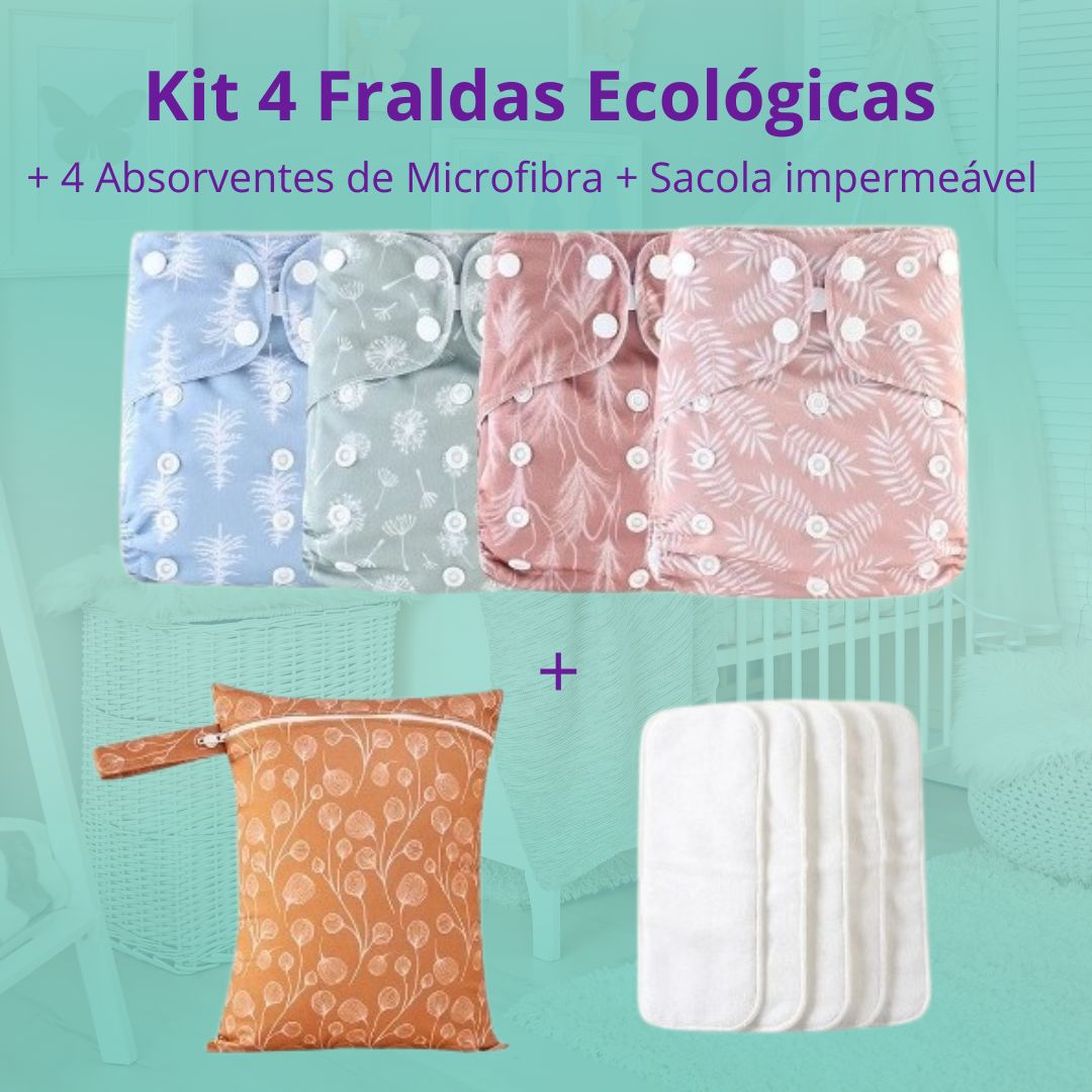 Kit 4 Fraldas Ecológicas + 4 Absorventes de  Microfibra + 1 Sacola Impermeável