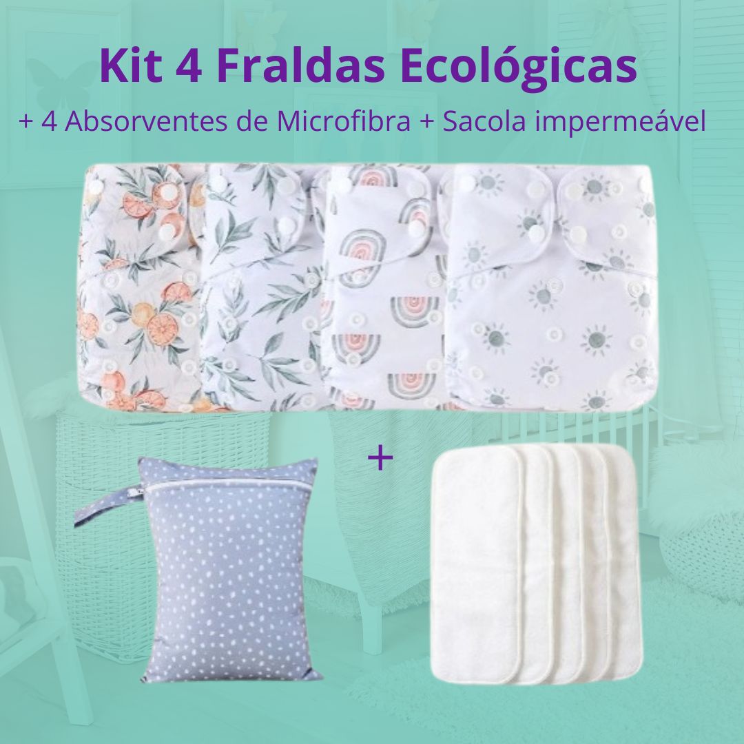 Kit 4 Fraldas Ecológicas + 4 Absorventes de  Microfibra + 1 Sacola Impermeável