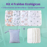 Kit 4 Fraldas Ecológicas + 4 Absorventes de Microfibra + 1 Sacola Impermeável