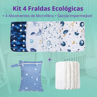 Kit 4 Fraldas Ecológicas + 4 Absorventes de Microfibra + 1 Sacola Impermeável - Menino