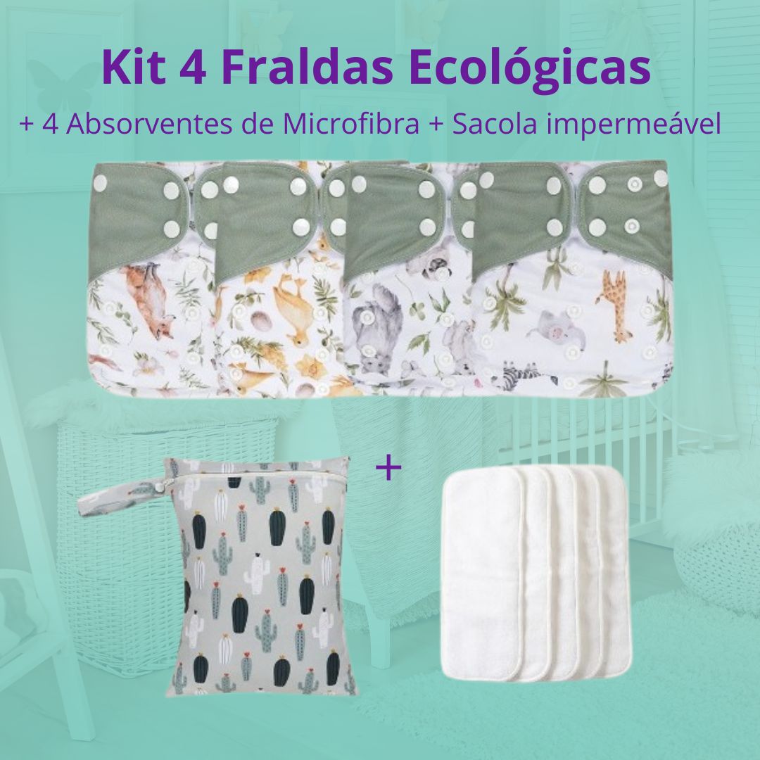 Kit 4 Fraldas Ecológicas + 4 Absorventes de  Microfibra + 1 Sacola Impermeável - Unissex