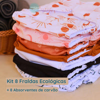 Kit 8 Fraldas Ecológicas Happy Flute + 8 Absorventes Fibra Carvão de Bambu - Reutilizável e Lavável