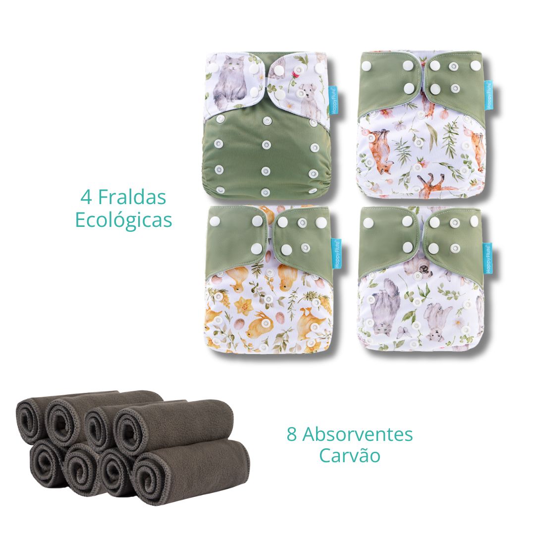 Kit com 4 Fraldas Ecológicas + 8 Absorventes de Fibra de Carvão – Ajustáveis e Reutilizáveis