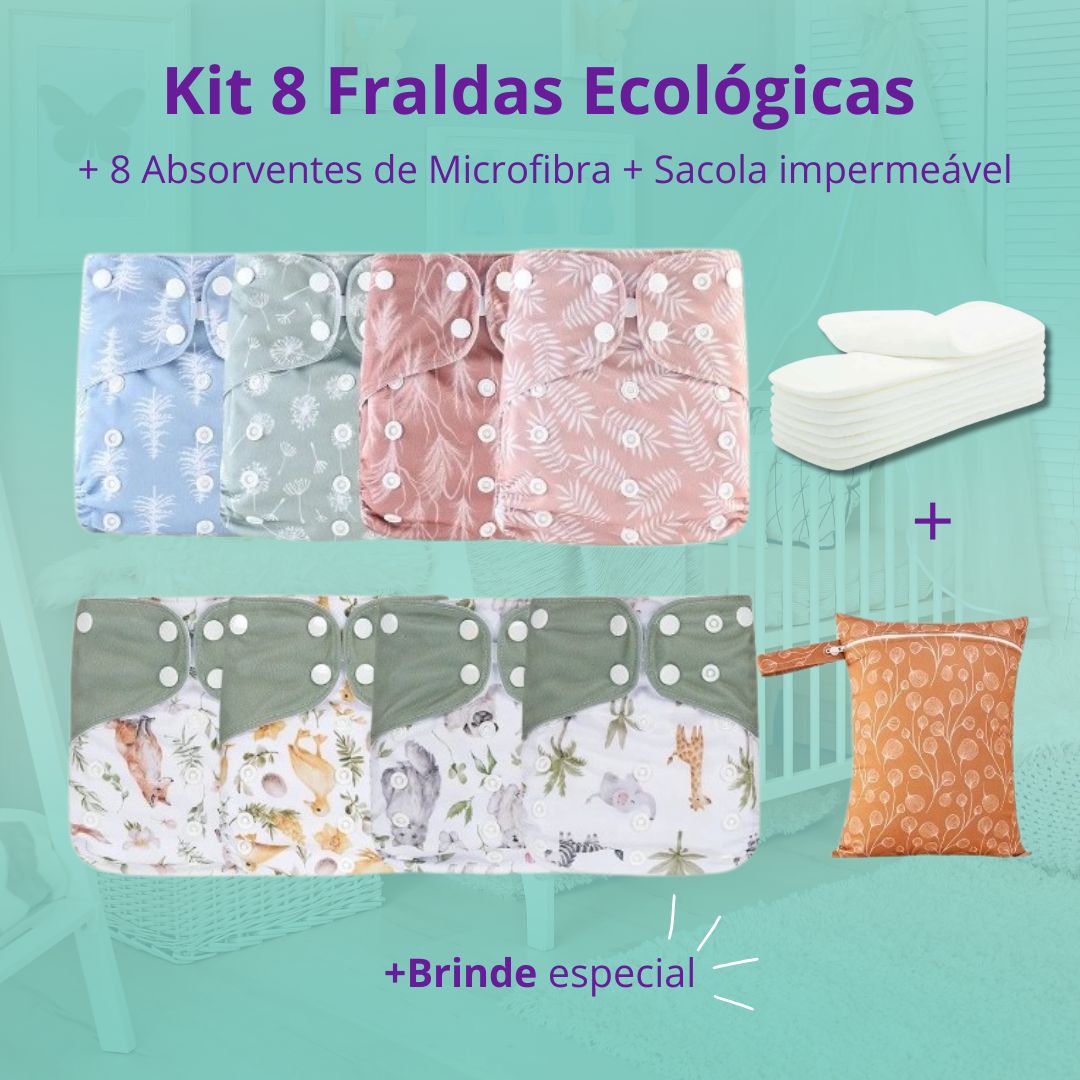 Kit 8 Fraldas Ecológicas Happy Flute + 8 Absorventes de Microfibra + Sacola Impermeável Reutilizável e Lavável