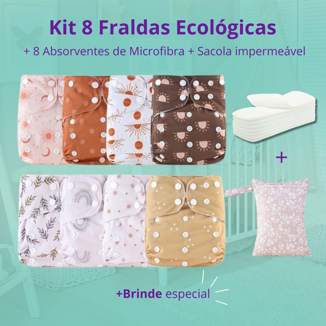 Kit 8 Fraldas Ecológicas Happy Flute + 8 Absorventes de Microfibra + Sacola Impermeável Reutilizável e Lavável