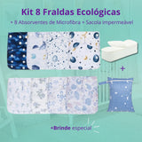 Kit 8 Fraldas Ecológicas Happy Flute + 8 Absorventes de Microfibra + Sacola Impermeável Reutilizável e Lavável