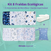 Kit 8 Fraldas Ecológicas Happy Flute + 8 Absorventes de Microfibra + Sacola Impermeável Reutilizável e Lavável