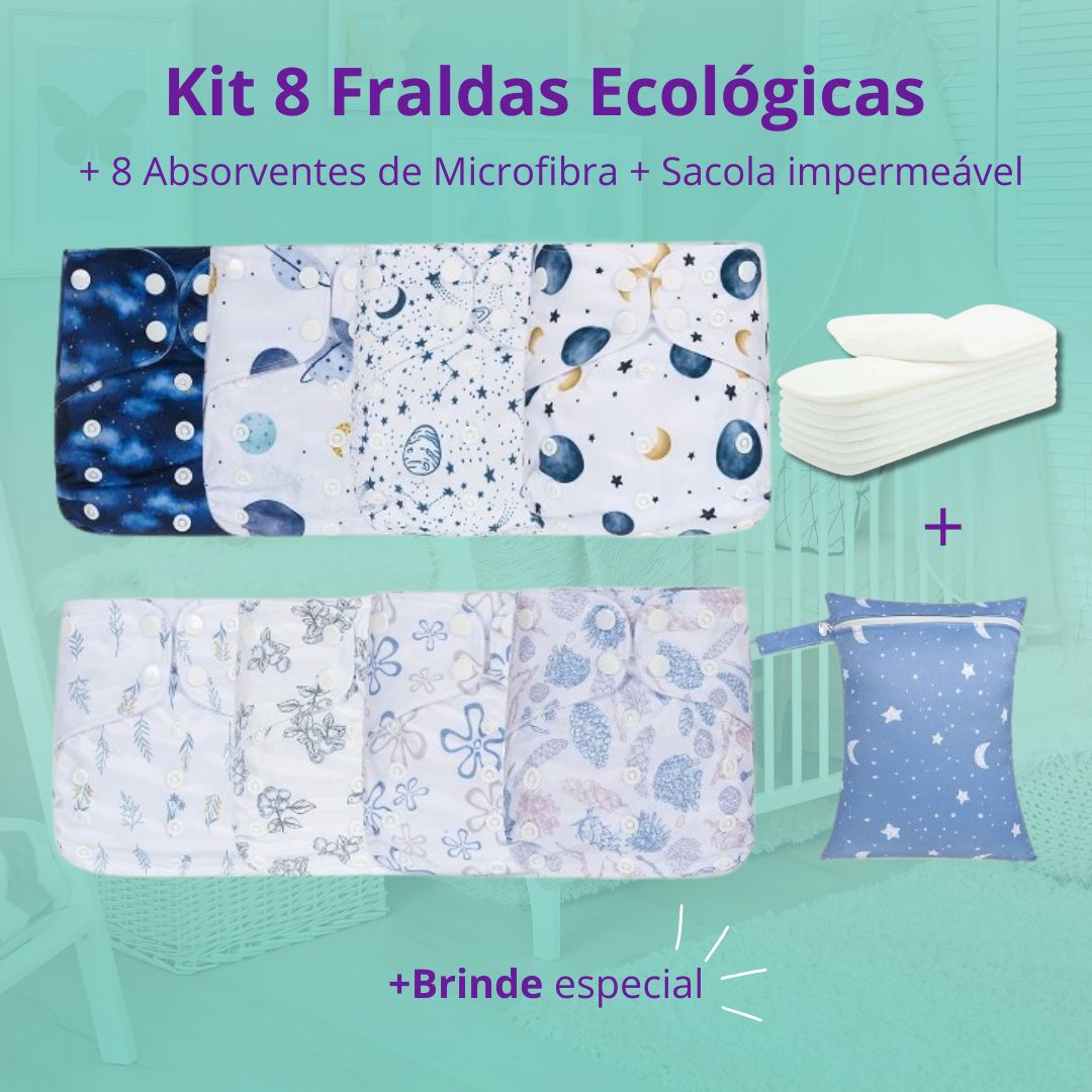 Kit 8 Fraldas Ecológicas Happy Flute + 8 Absorventes de Microfibra + Sacola Impermeável Reutilizável e Lavável