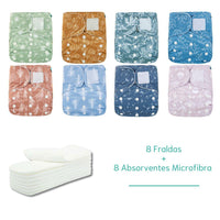 Kit 8 Fraldas Ecológicas + 8 Absorventes de Microfibra - Planeta Gaia