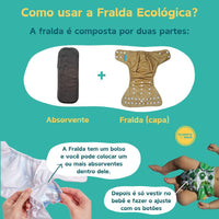 Kit 8 Fraldas Ecológicas + 8 Absorventes de Carvão de Bambu - Planeta Gaia