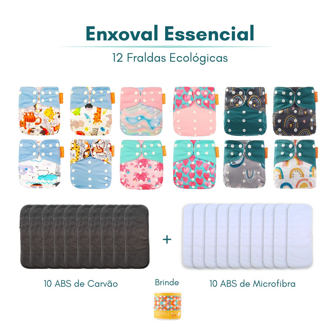 Kit Enxoval 12 Fraldas Ecológicas + 20 Absorventes Carvão e Microfibra +Liner Biodegradável