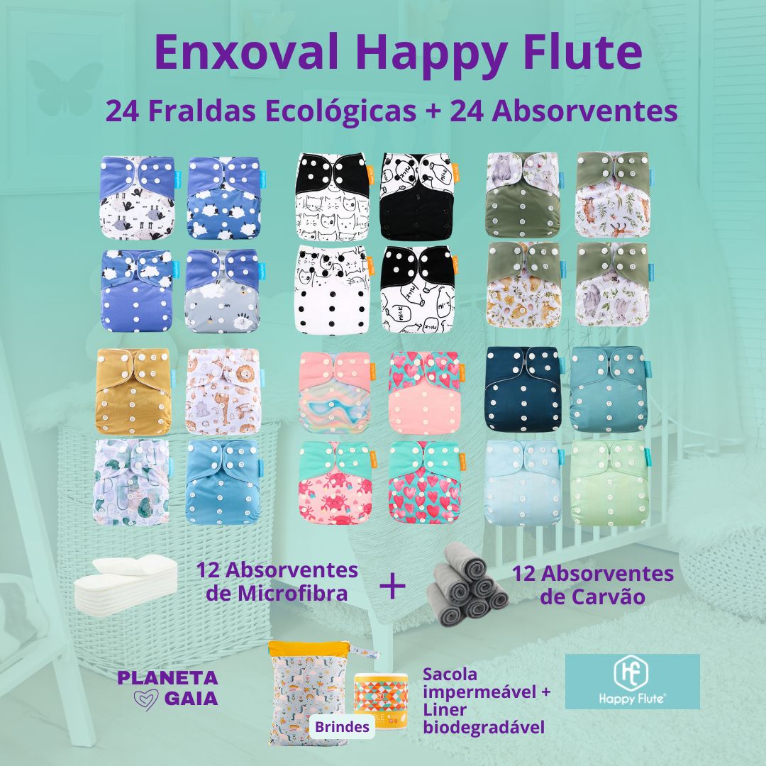 Kit Enxoval 24 Fraldas Ecológicas Happy Flute+ 24 Absorventes + 1
