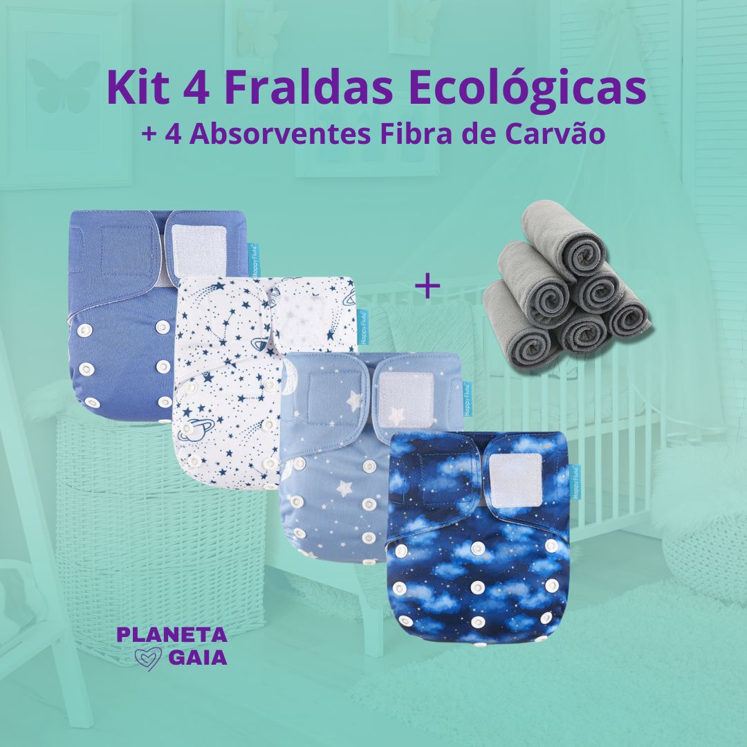 Kit 4 Fraldas Ecológicas de Pano HappyFlute  para Bebes + 4 Absorventes de carvão de Bambu