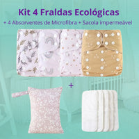 Kit 4 Fraldas Ecológicas + 4 Absorventes de  Microfibra + 1 Sacola impermeável