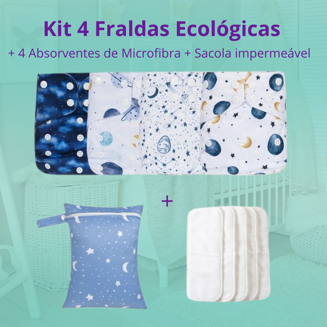 Kit 4 Fraldas Ecológicas + 4 Absorventes de  Microfibra + 1 Sacola Impermeável - Menino